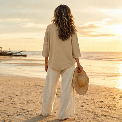 Linnen blouse dames met V-hals - detailfoto