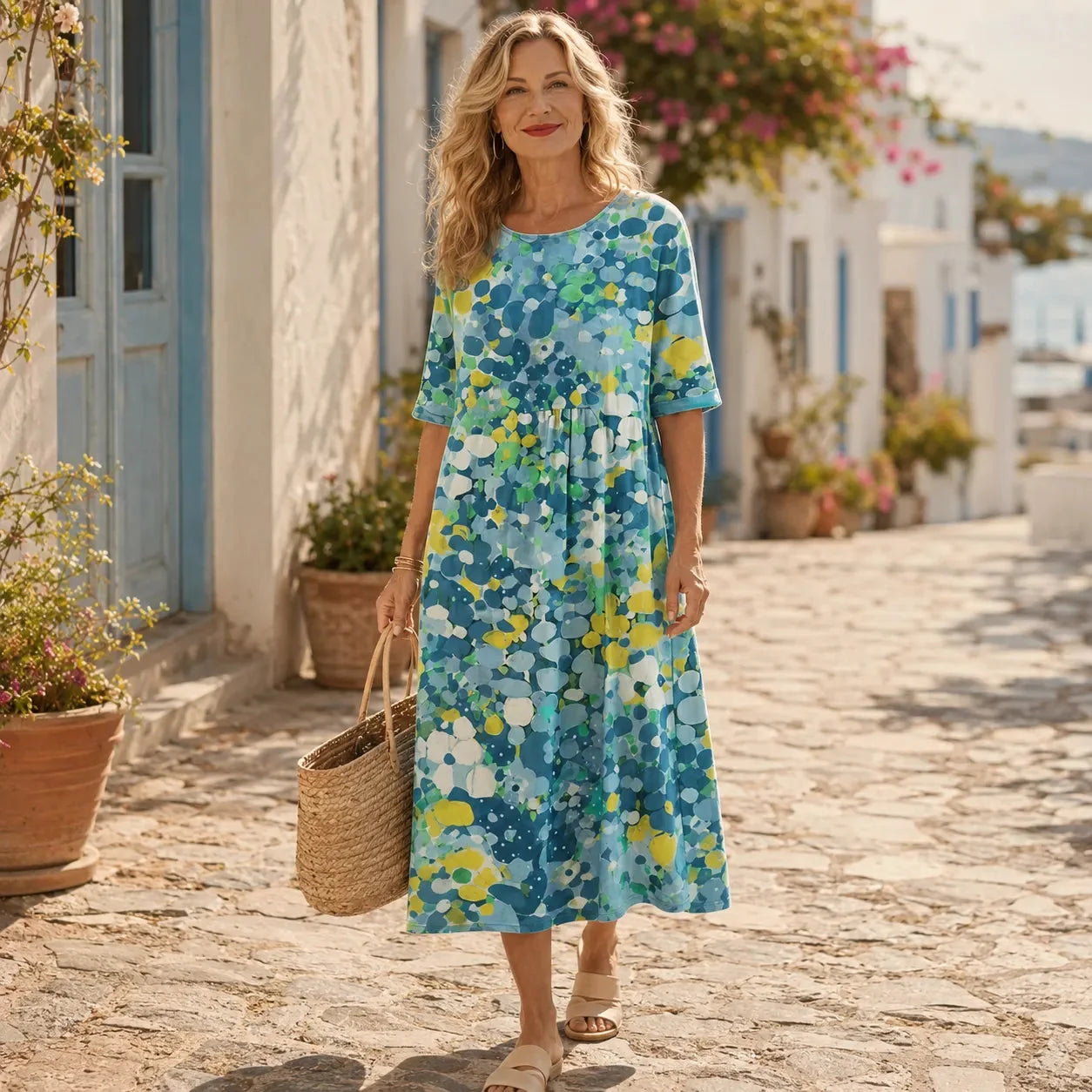 Losse midi-jurk dames met bloemenprint - detailfoto