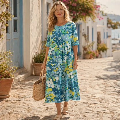 Losse midi-jurk dames met bloemenprint - detailfoto