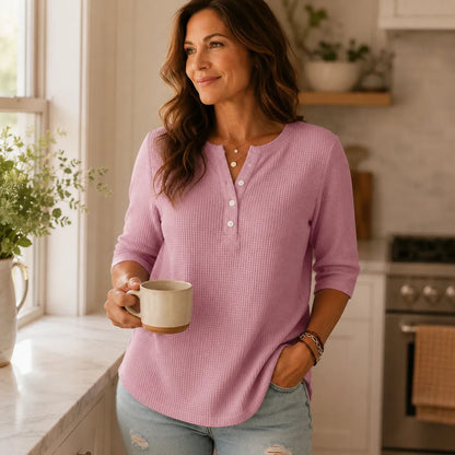Henley top dames met wafelstructuur - detailfoto