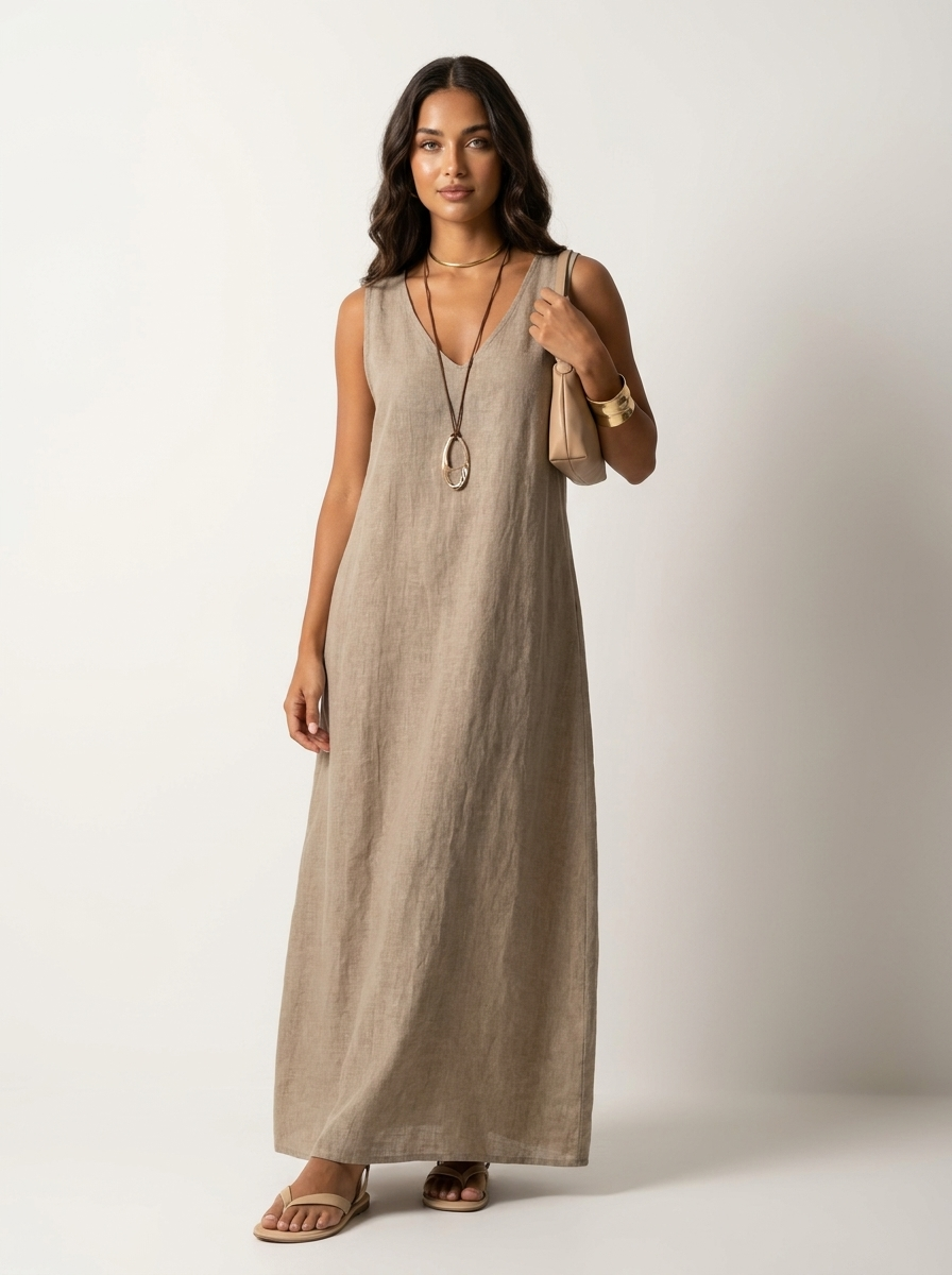 Mouwloze maxi jurk dames in linnenlook
