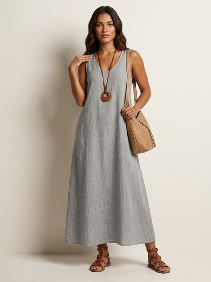 Mouwloze maxi jurk dames in linnenlook