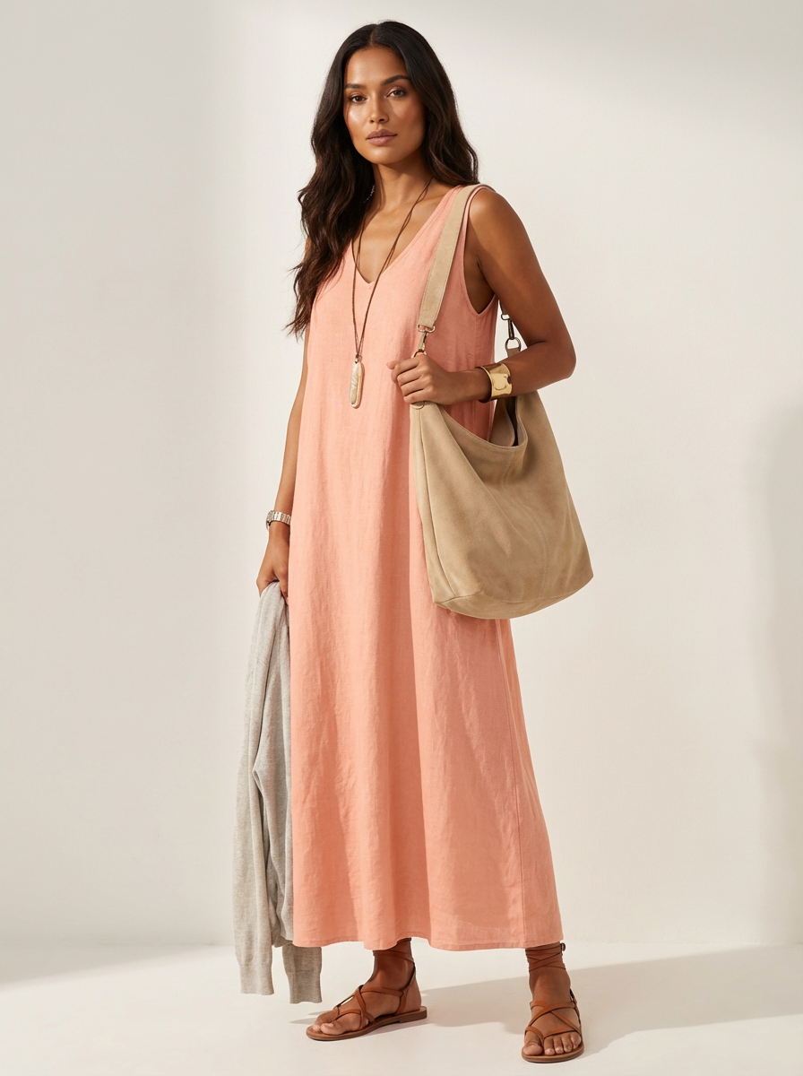 Mouwloze maxi jurk dames in linnenlook