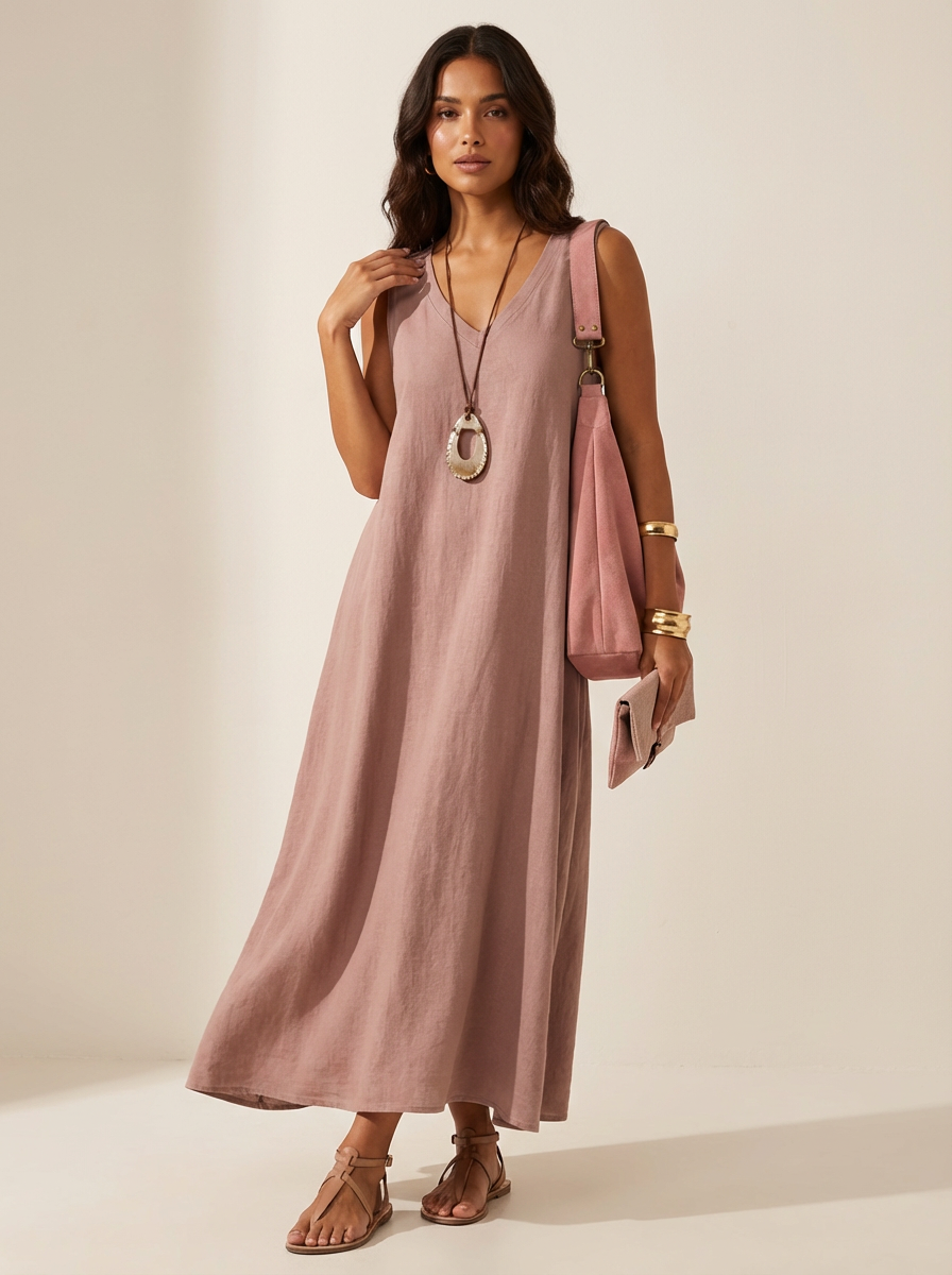 Mouwloze maxi jurk dames in linnenlook