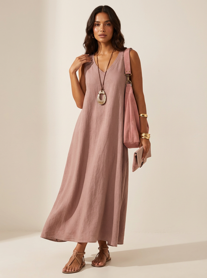 Mouwloze maxi jurk dames in linnenlook