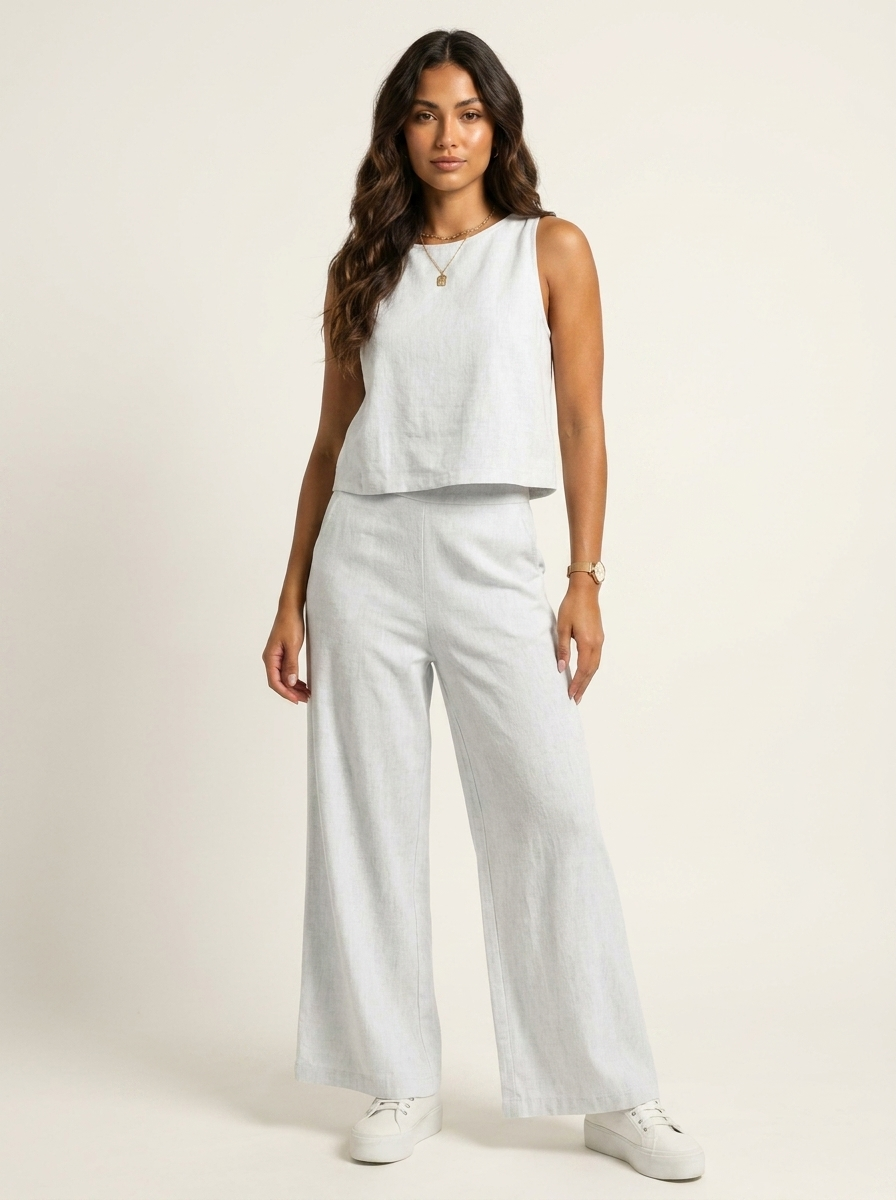 Tweedelige set dames in linnenlook met mouwloze top en wijde broek