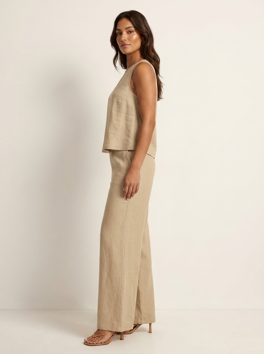 Tweedelige set dames in linnenlook met mouwloze top en wijde broek