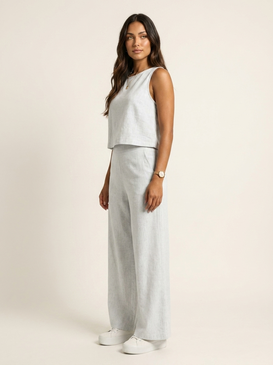 Tweedelige set dames in linnenlook met mouwloze top en wijde broek