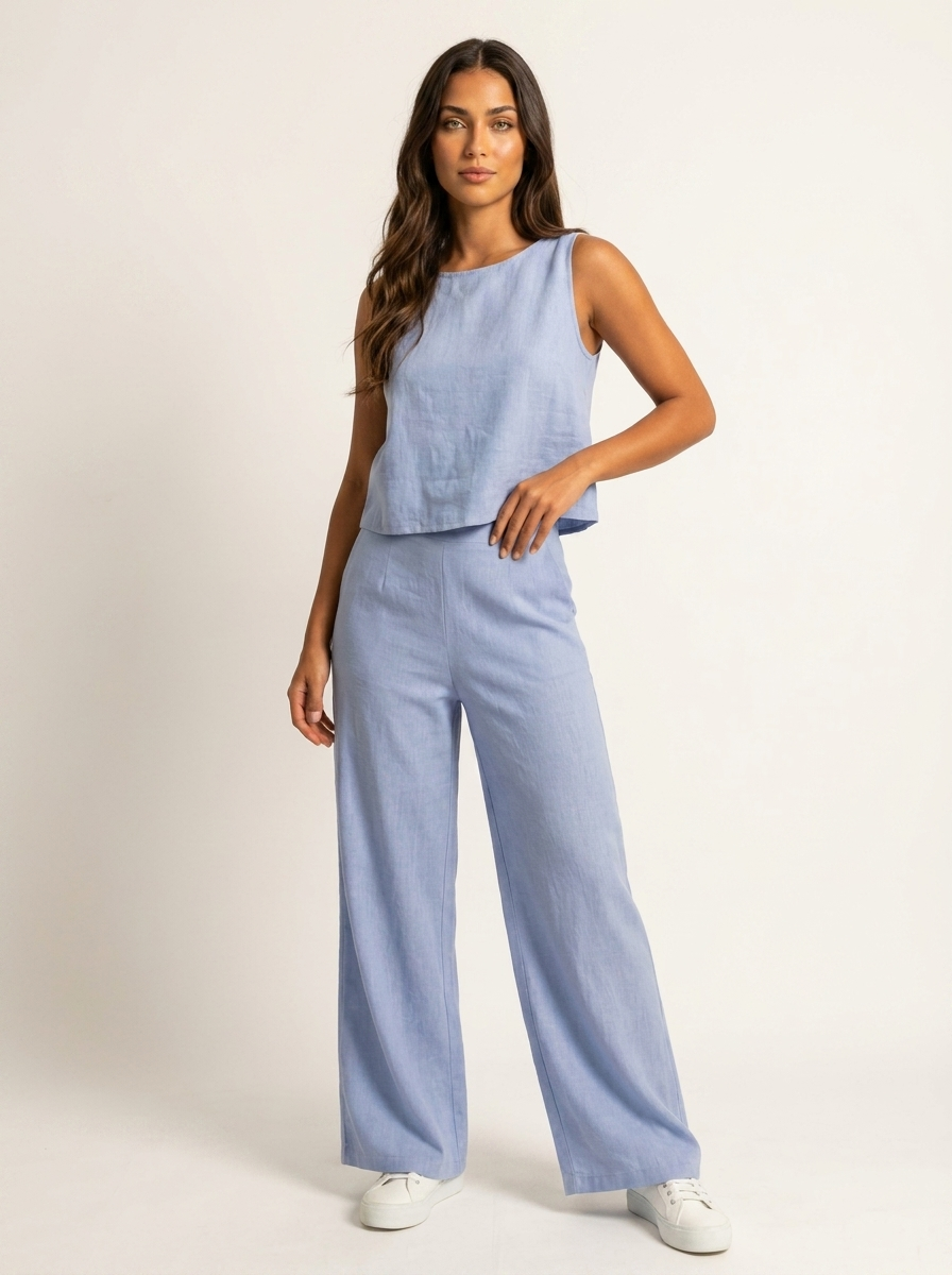 Tweedelige set dames in linnenlook met mouwloze top en wijde broek