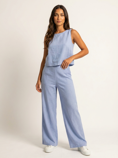 Tweedelige set dames in linnenlook met mouwloze top en wijde broek