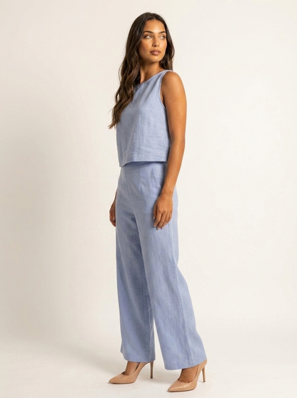 Tweedelige set dames in linnenlook met mouwloze top en wijde broek
