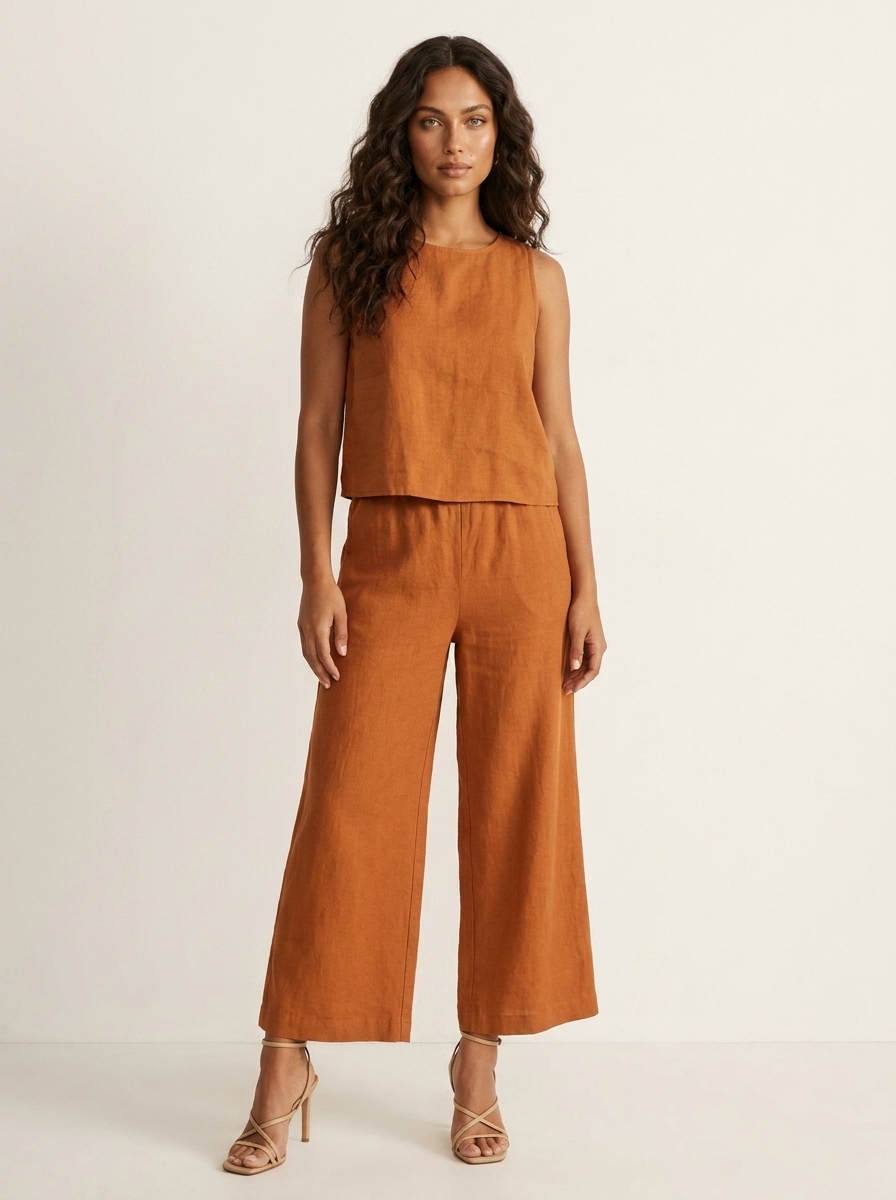 Tweedelige set dames in linnenlook met mouwloze top en wijde broek