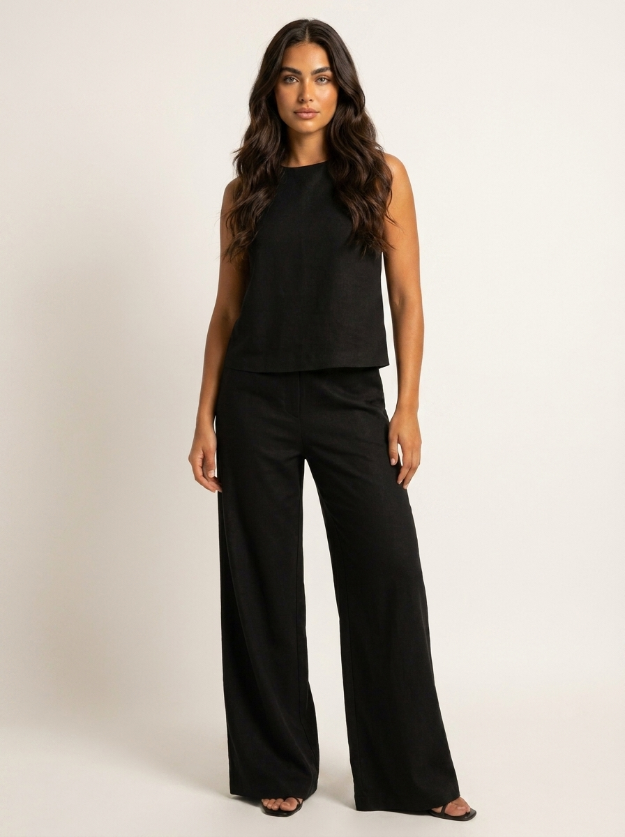 Tweedelige set dames in linnenlook met mouwloze top en wijde broek