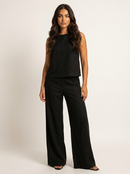 Tweedelige set dames in linnenlook met mouwloze top en wijde broek