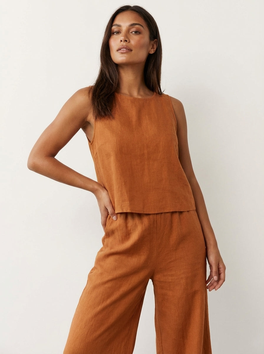Tweedelige set dames in linnenlook met mouwloze top en wijde broek