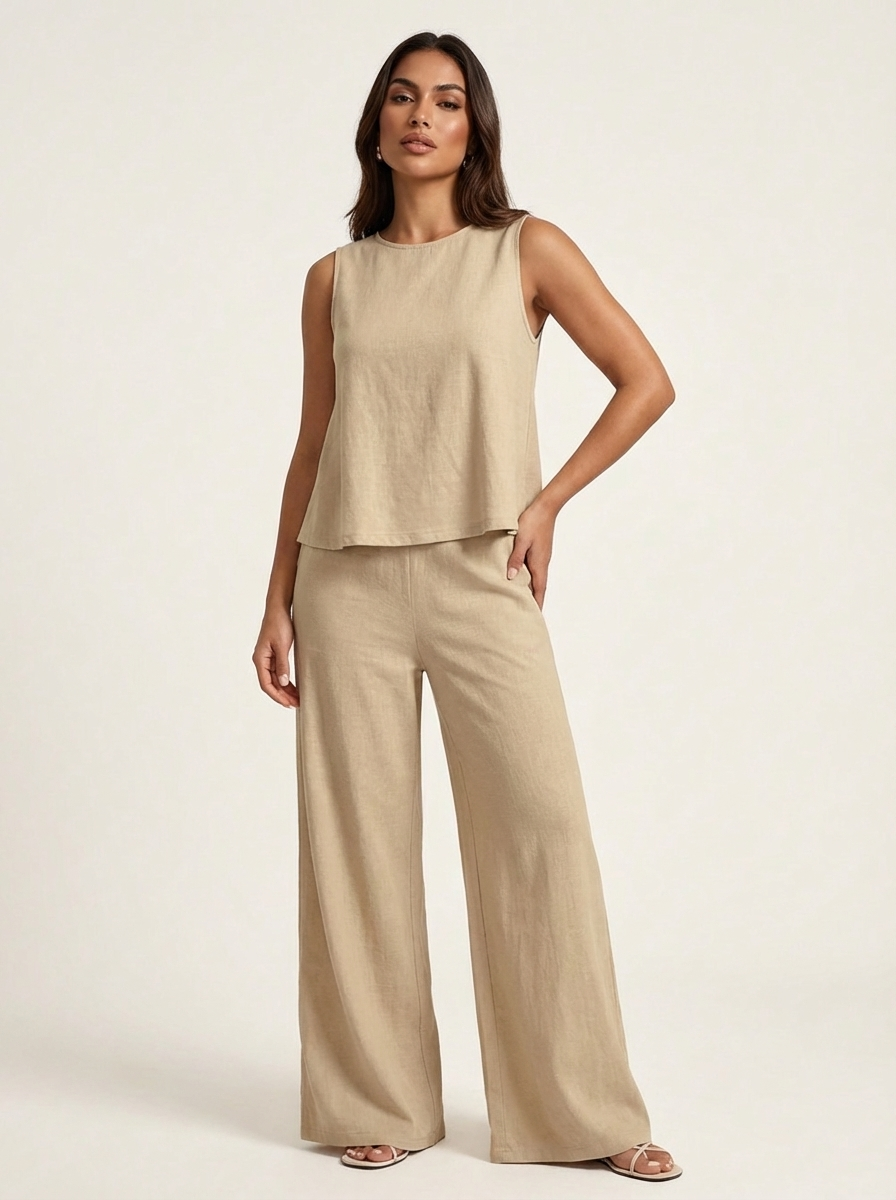 Tweedelige set dames in linnenlook met mouwloze top en wijde broek