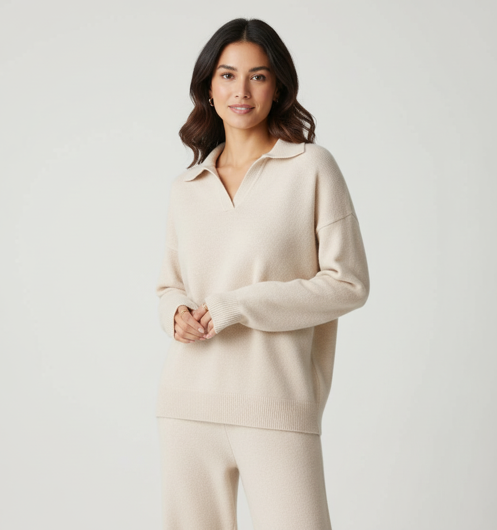 Gebreide loungeset dames met polokraag en wijde broek