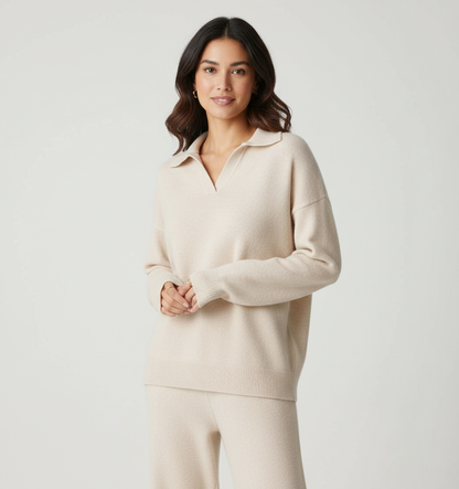 Gebreide loungeset dames met polokraag en wijde broek