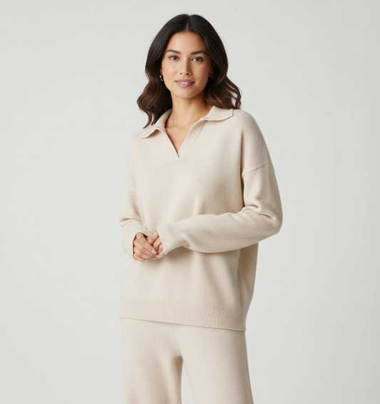 Gebreide loungeset dames met polokraag en wijde broek