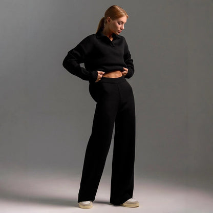 Gebreide loungeset dames met polokraag en wijde broek
