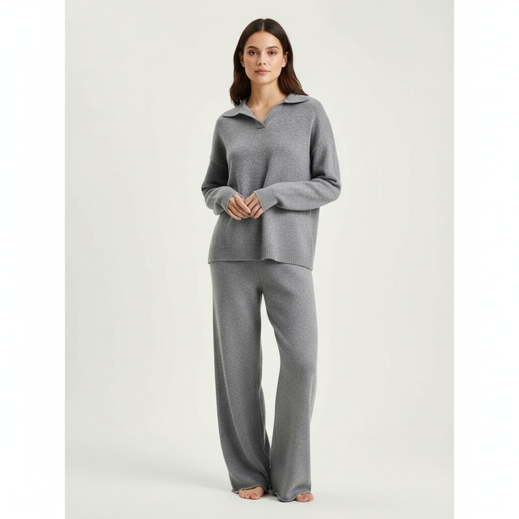 Gebreide loungeset dames met polokraag en wijde broek