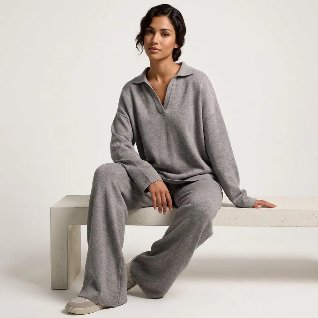 Gebreide loungeset dames met polokraag en wijde broek