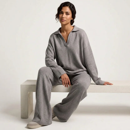 Gebreide loungeset dames met polokraag en wijde broek