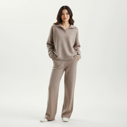 Gebreide loungeset dames met polokraag en wijde broek