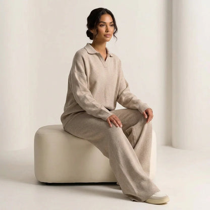 Gebreide loungeset dames met polokraag en wijde broek