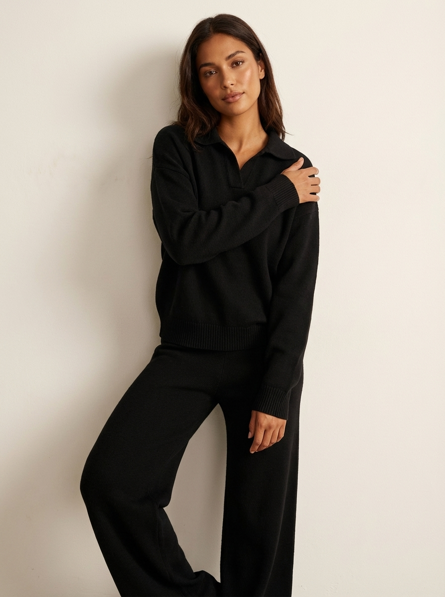 Gebreide loungeset dames met polokraag en wijde broek