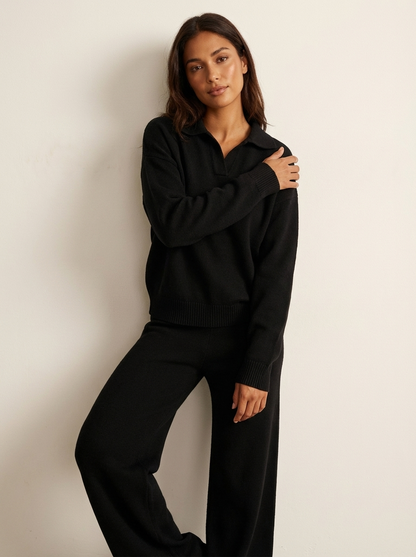 Gebreide loungeset dames met polokraag en wijde broek