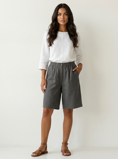 Bermuda short dames in linnenlook met elastische taille