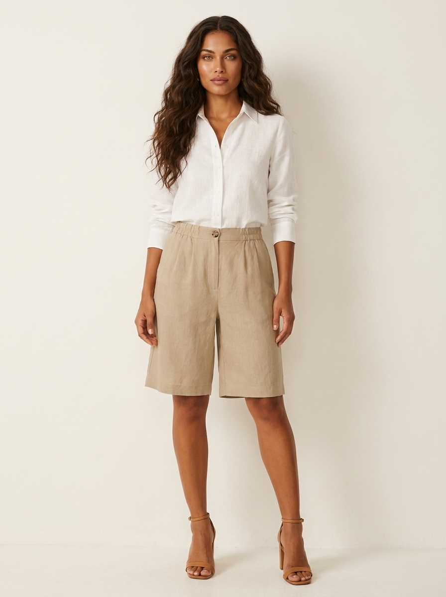 Bermuda short dames in linnenlook met elastische taille
