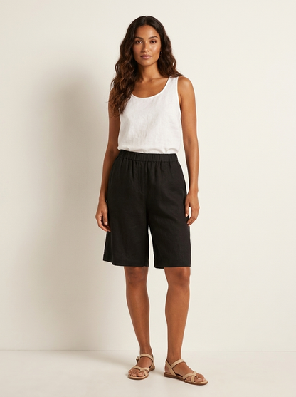 Bermuda short dames in linnenlook met elastische taille