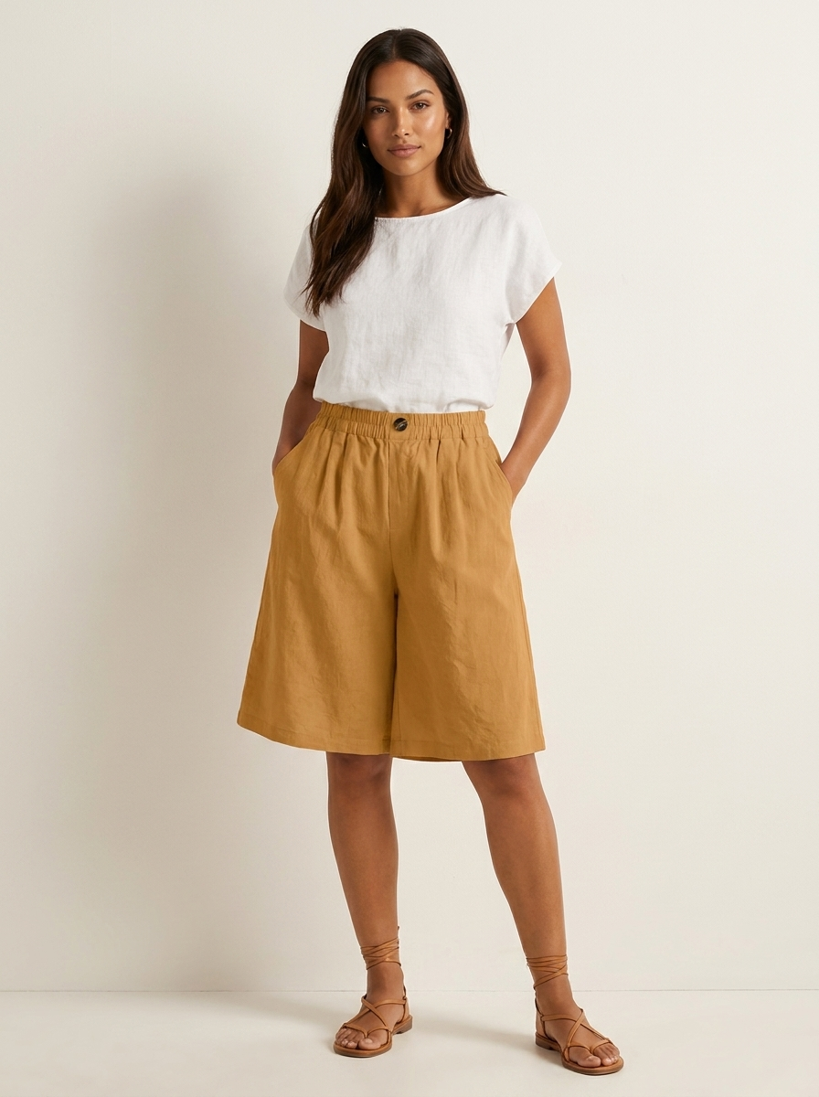 Bermuda short dames in linnenlook met elastische taille