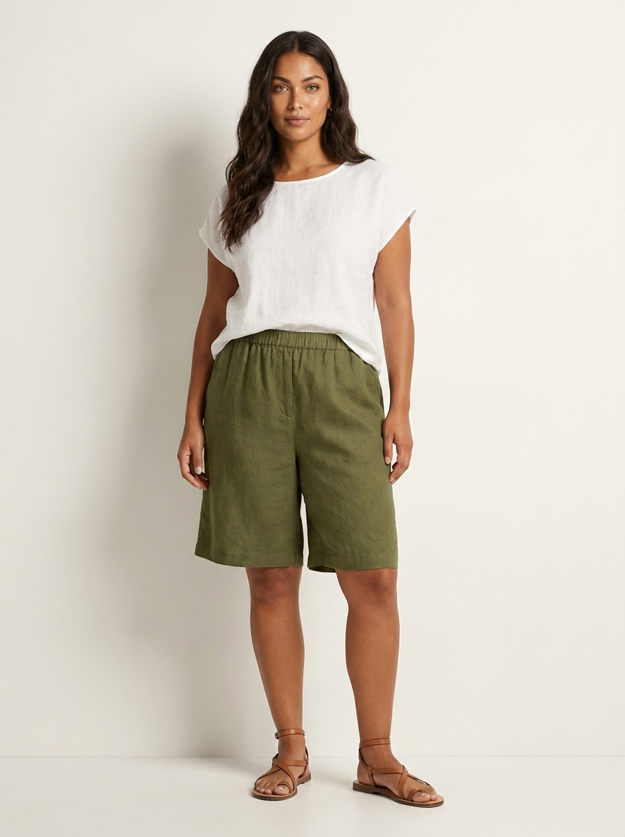 Bermuda short dames in linnenlook met elastische taille