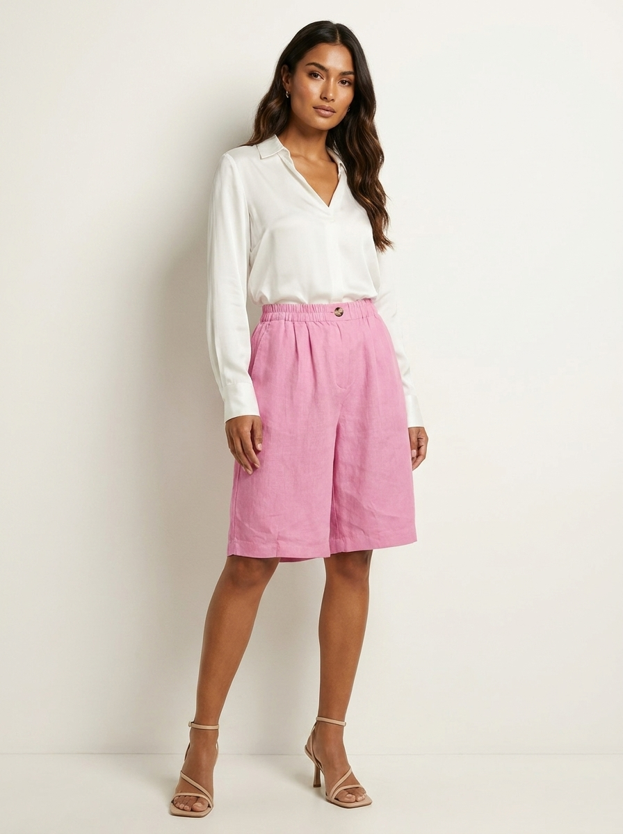 Bermuda short dames in linnenlook met elastische taille