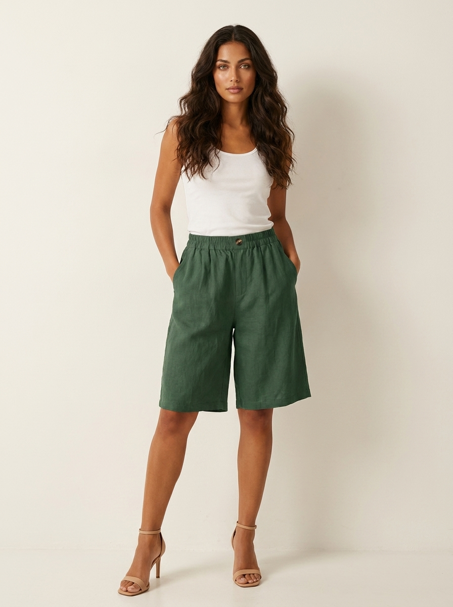 Bermuda short dames in linnenlook met elastische taille