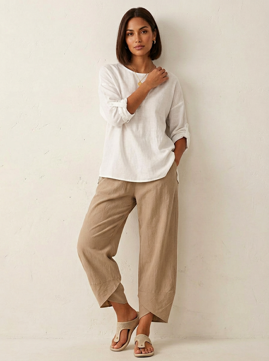 Luchtige damesbroek in linnenlook met elastische taille