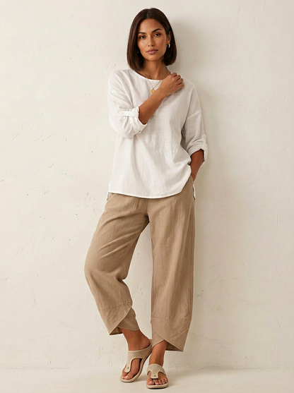 Luchtige damesbroek in linnenlook met elastische taille