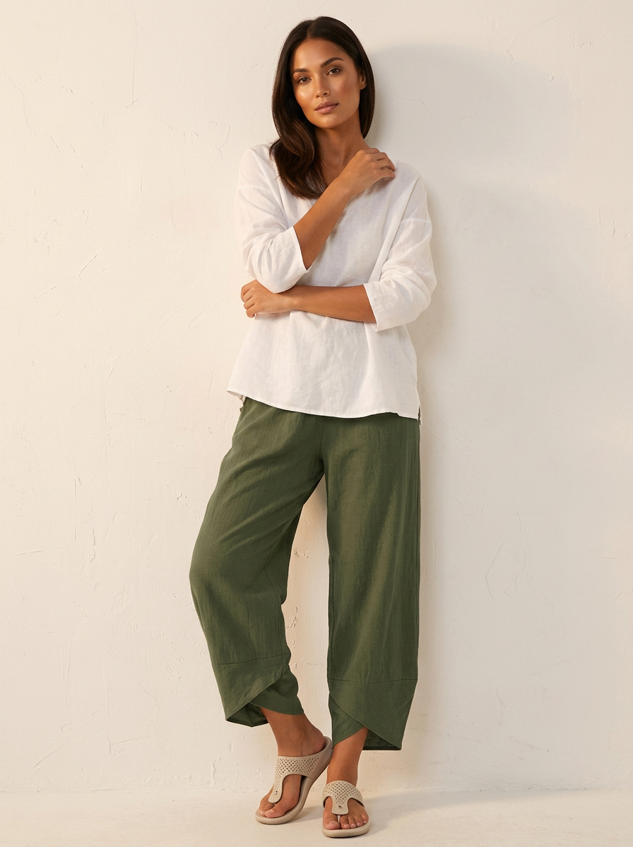 Luchtige damesbroek in linnenlook met elastische taille