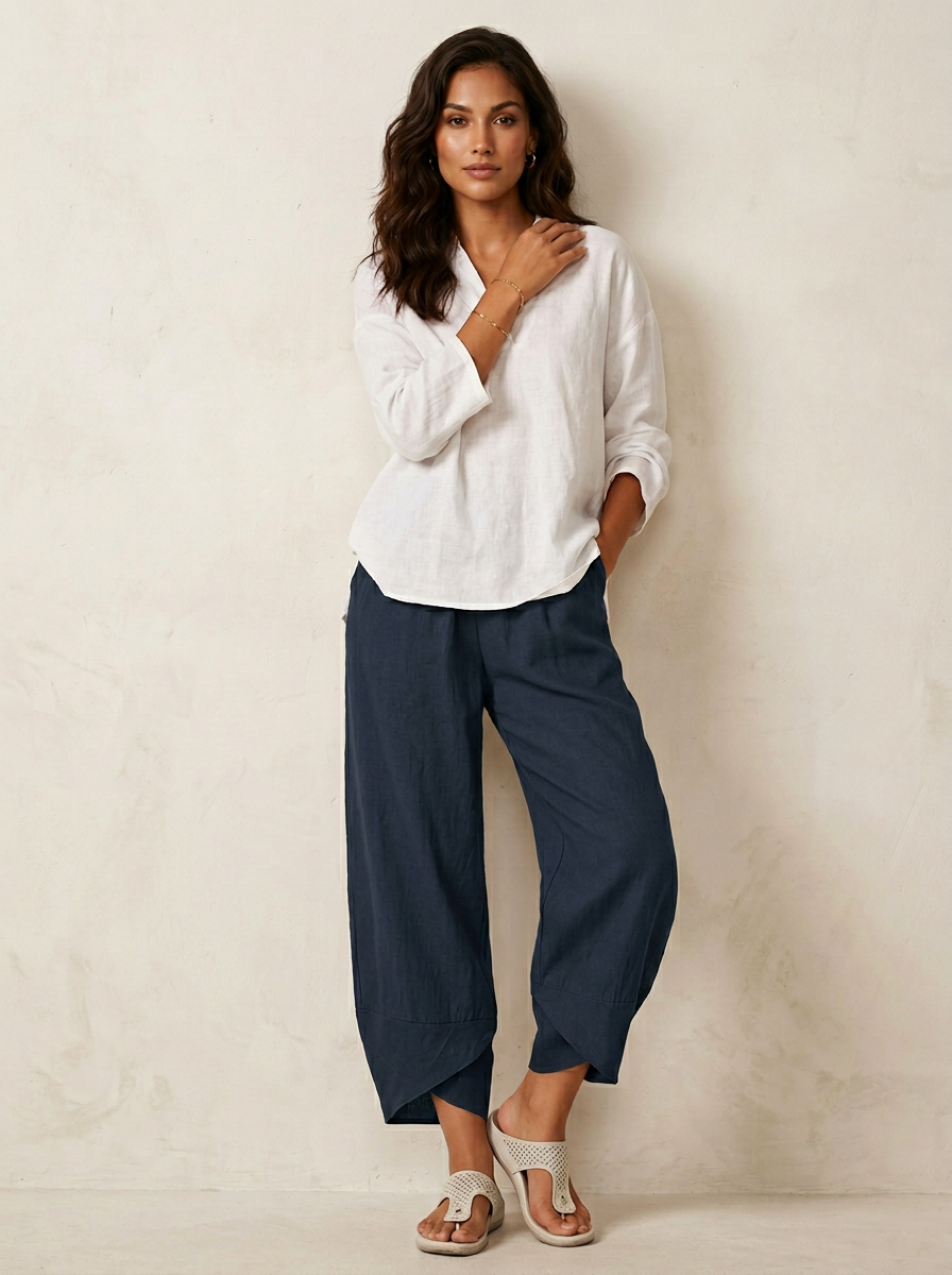 Luchtige damesbroek in linnenlook met elastische taille