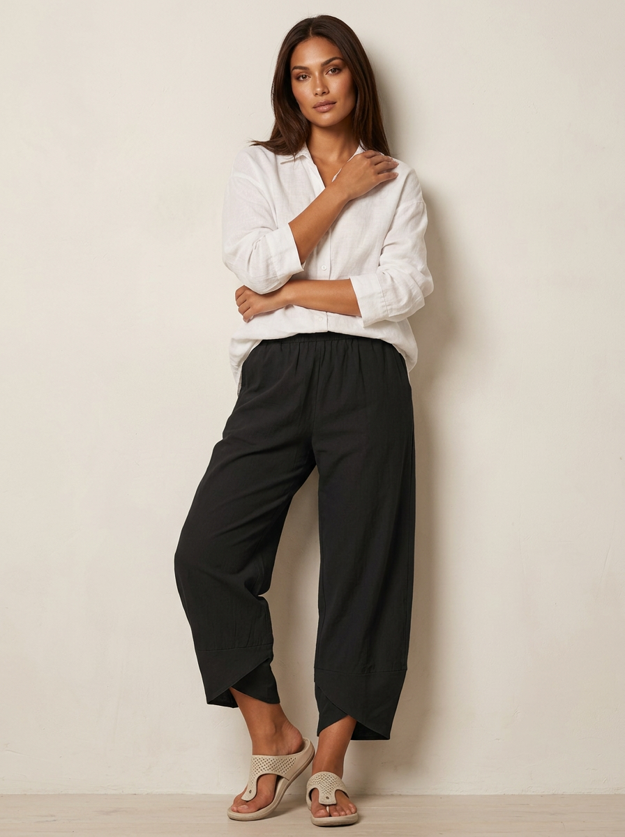 Luchtige damesbroek in linnenlook met elastische taille