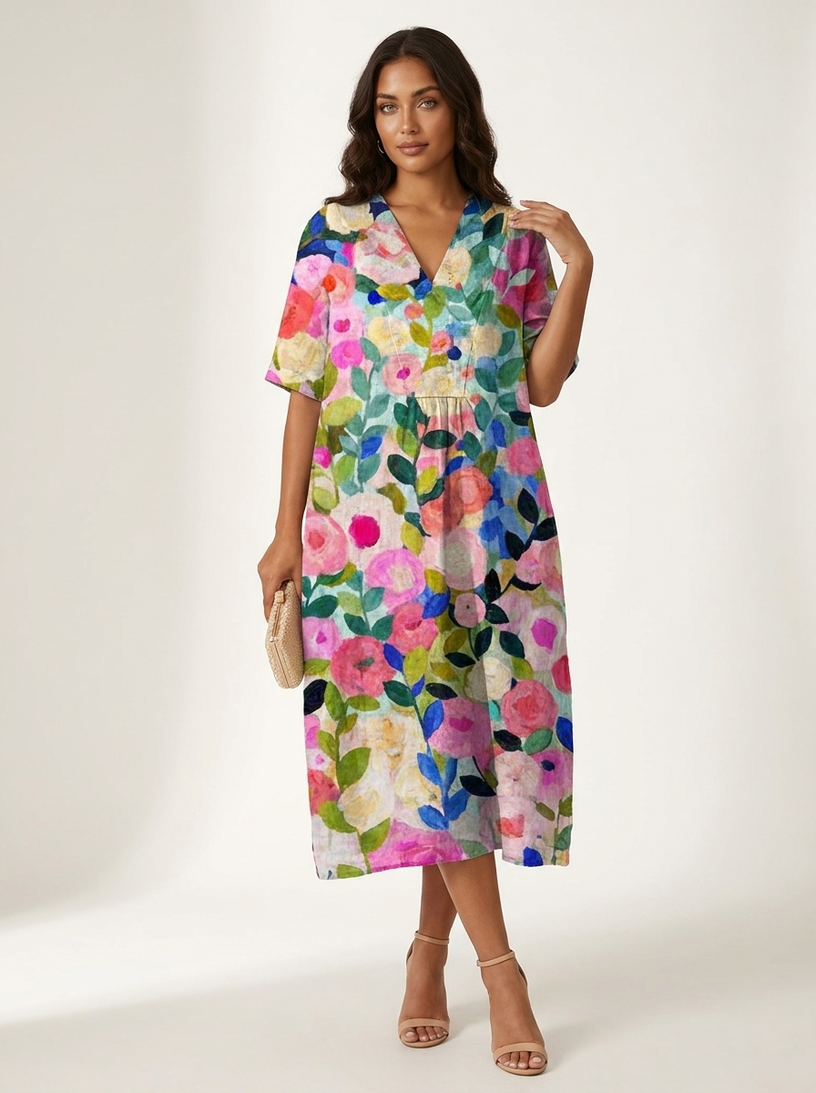 Midi jurk dames met bloemenprint en V-hals