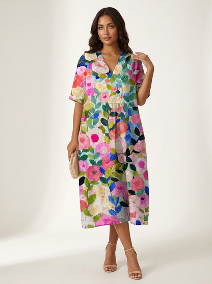Midi jurk dames met bloemenprint en V-hals