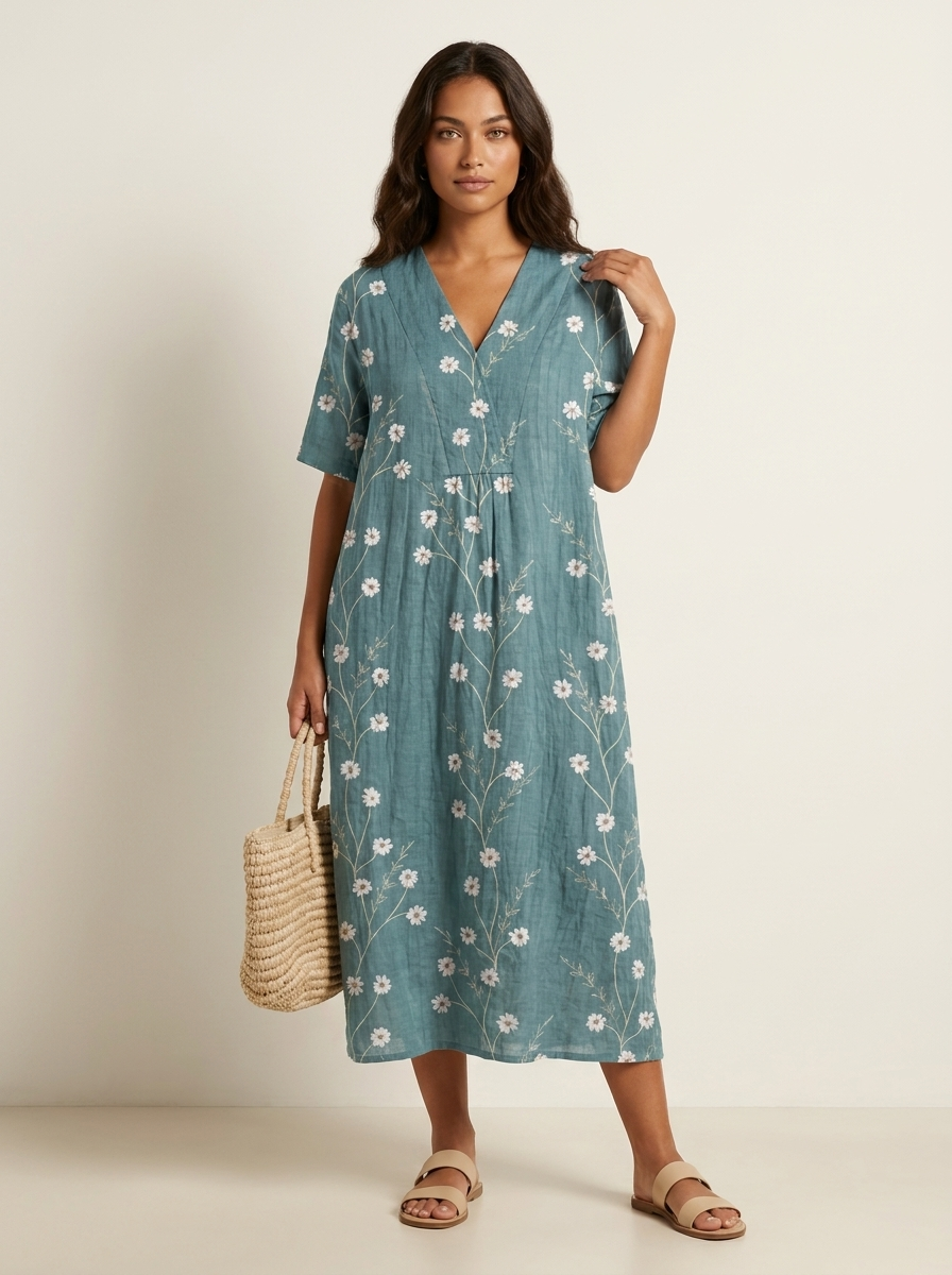 Midi jurk dames met bloemenprint en V-hals