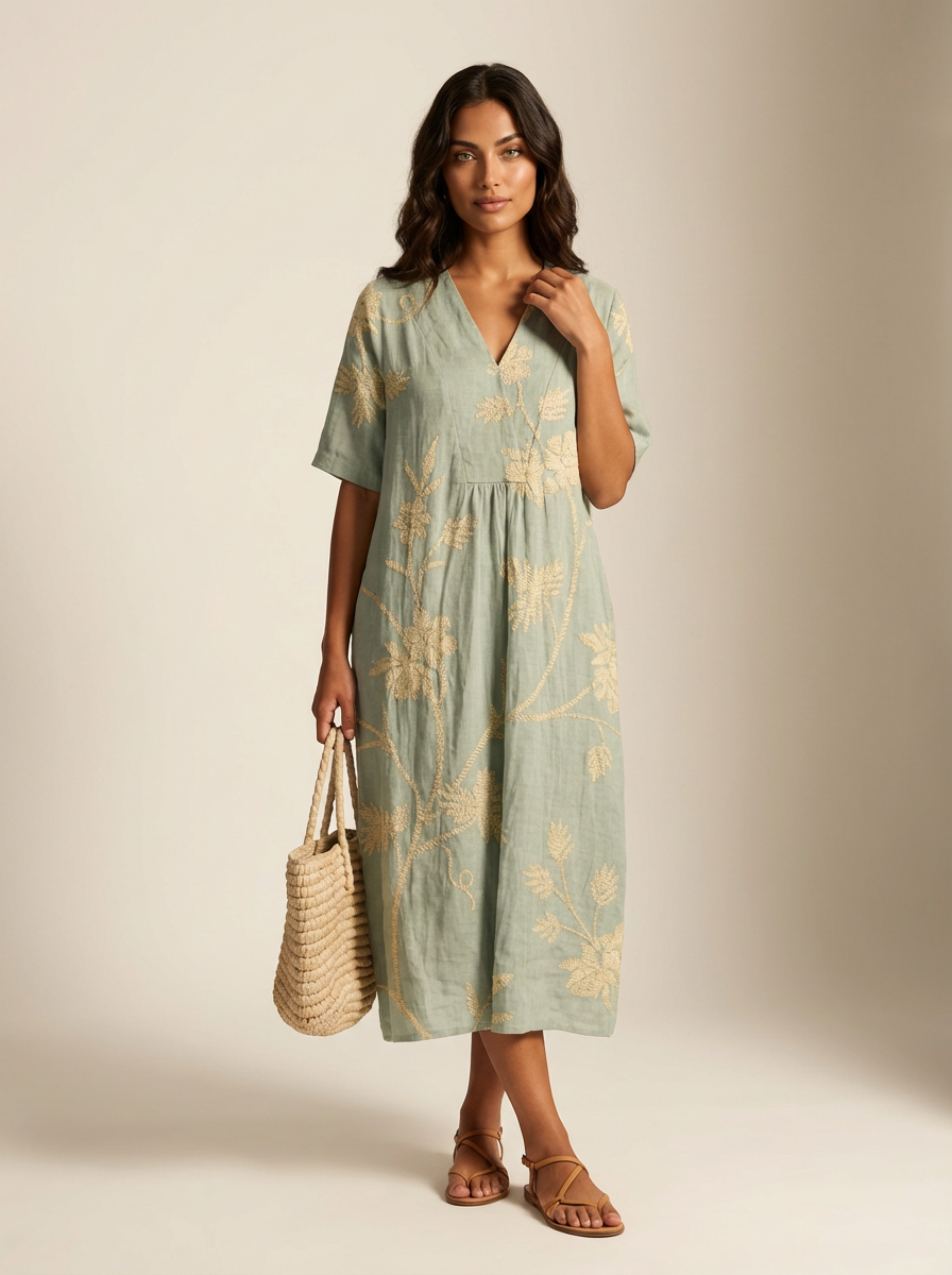 Midi jurk dames met bloemenprint en V-hals