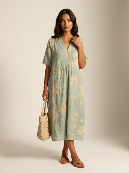 Midi jurk dames met bloemenprint en V-hals