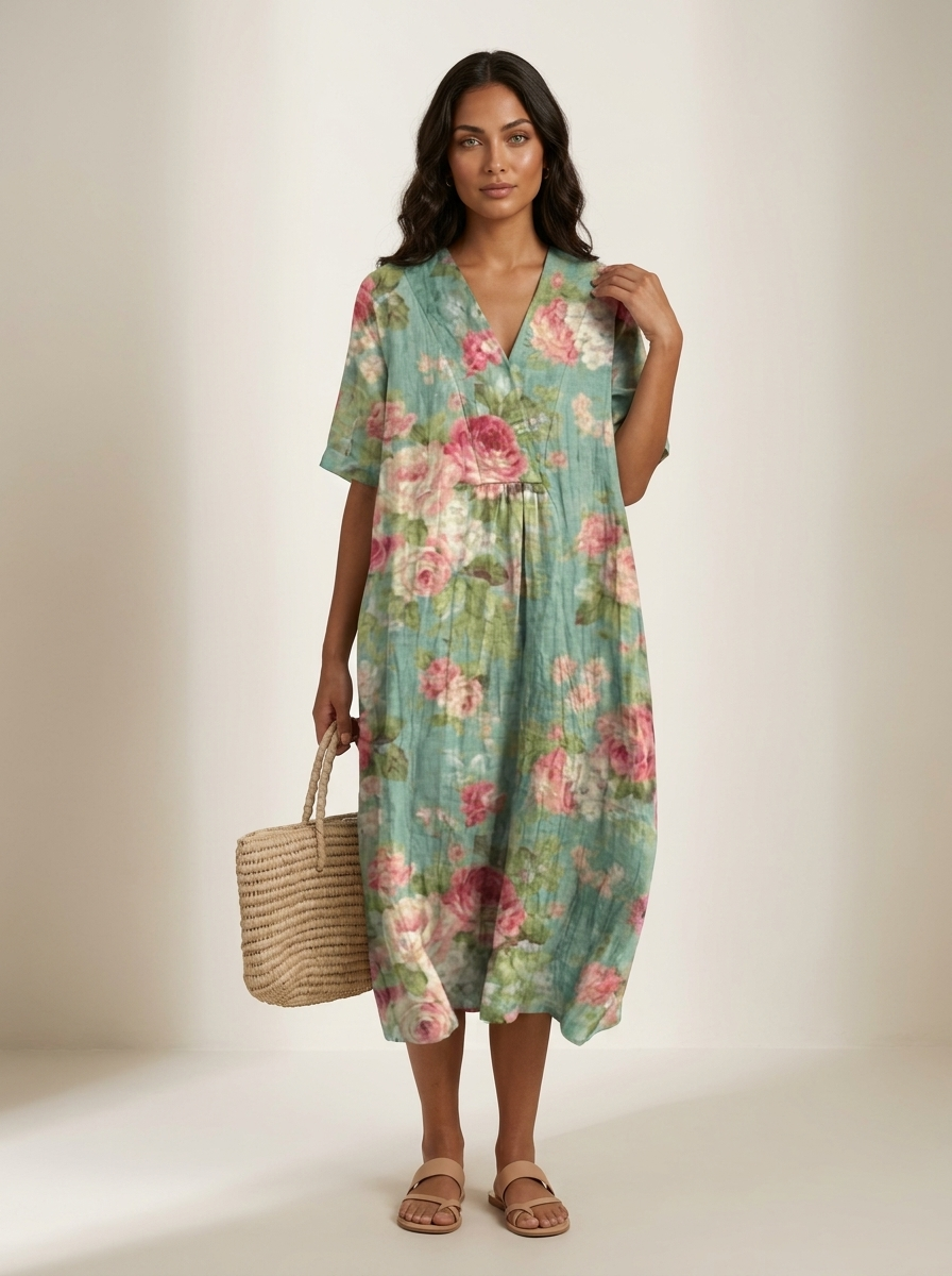Midi jurk dames met bloemenprint en V-hals