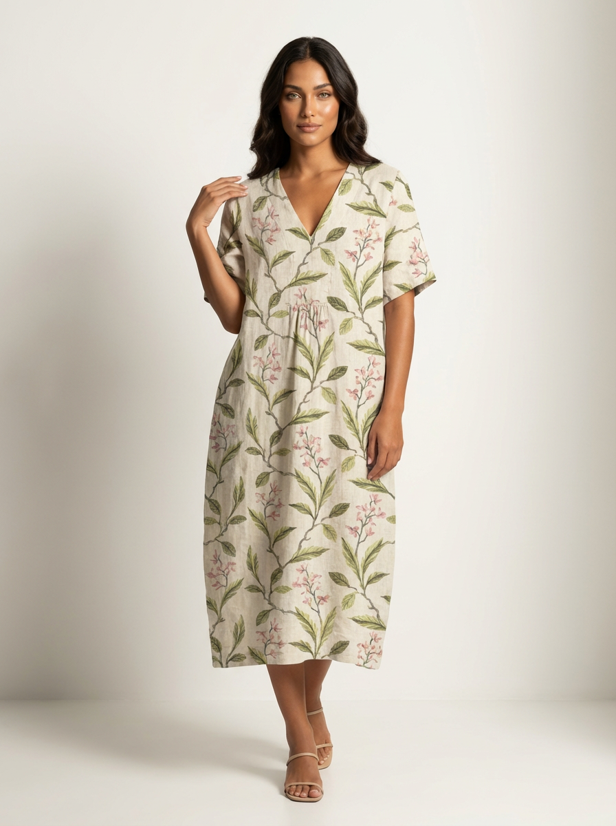 Midi jurk dames met bloemenprint en V-hals